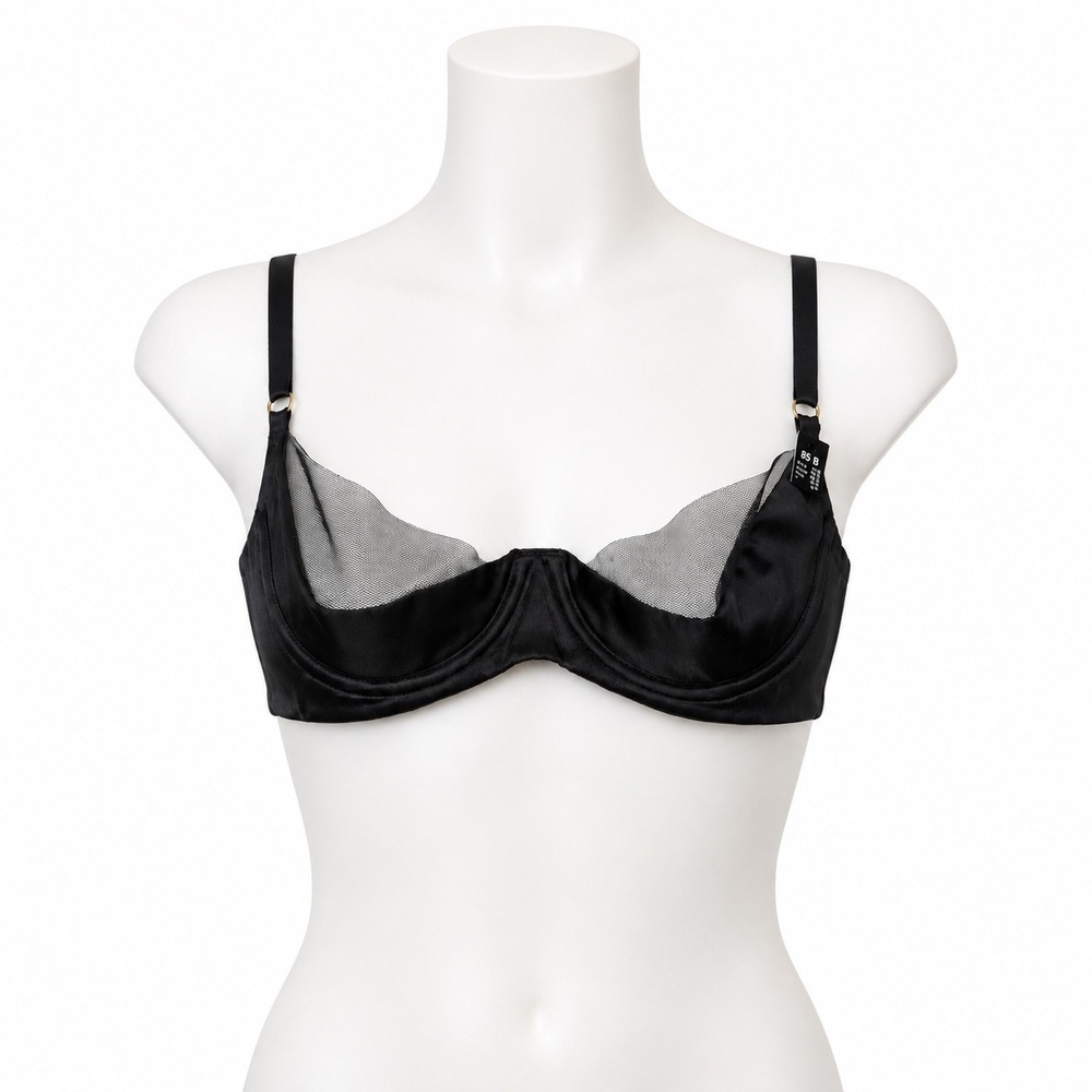 Private Midnight Lightly Lined Silk Tulle Bra Black Underwire 32B NEW